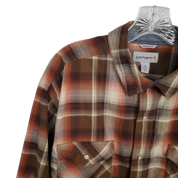 Carhartt Size XL Shirt Relaxed Fit Pearl Snap Button Plaid Long Sleeves Pockets - Picture 4 of 8
